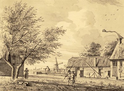 De omgeving van de sluis  op een tekening van Hendrik Spilman uit 1770
