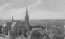 R.K. kerk St. Urbanus met rechts o.a. De Smidse, wagenmakerij Lubbe, scheepswerf Outersterp.   Datum opname: 1910