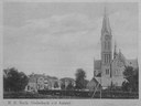 R.K. kerk St. Urbanus vanaf Achterdijk met paardenstal. Kerkgangers kwamen o.a. uit de polder met paard en wagen.   Datum opname: 1925